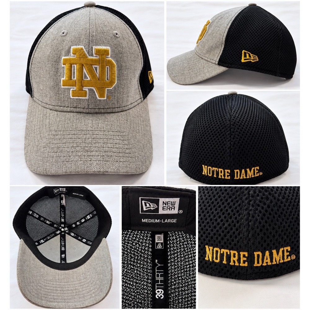 New Era Notre Dame Fighting Irish 39THIRTY Grey Black Mesh Stretch Fit Hat M/L